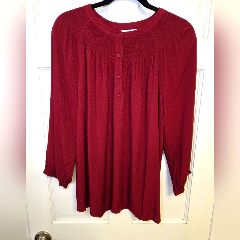 Croft & Barrow Smocked 3/4 Sleeve Blouse Top w/embroidery- Size Lg Maroon